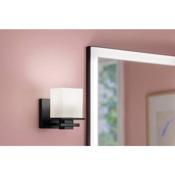 Tully 1-Light Black Bathroom Indoor Wall Sconce Light with Satin Etched Cased Opal Glass Shade
