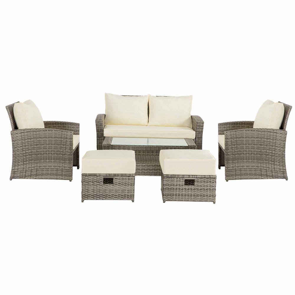 Gray 6-Piece Wicker Outdoor Sectional Set with Coffee Table, Beige Cushions