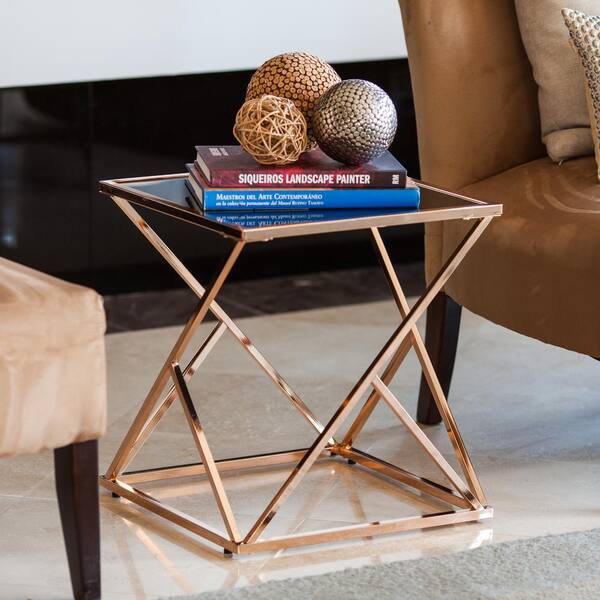 DANYA B Square Rose Gold End Table with Black Glasstop