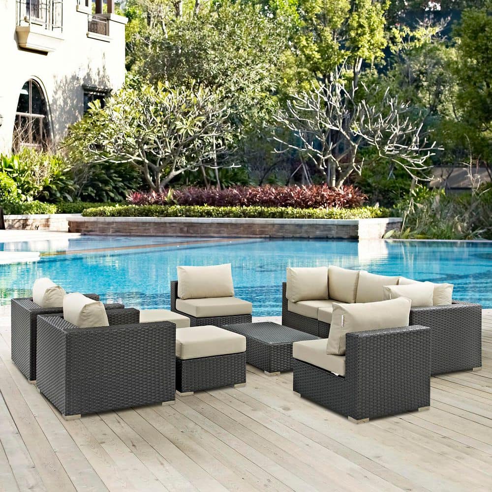 Sojourn 10-Piece Aluminum Outdoor Patio Sectional Set with Sunbrella Beige Cushions