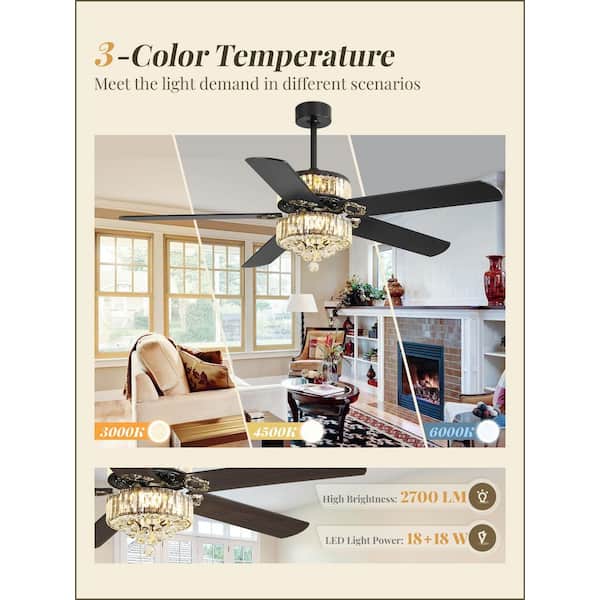 60 in. Indoor Black 3-Color LED Crystal Fandelier 6-Speed Quiet Ceiling Fans with Lights and Remote Control Included