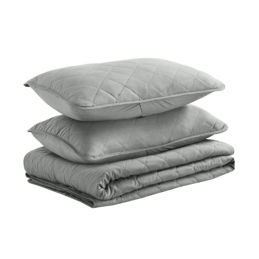 Light Grey Full Microfiber Diamond Quilted Reversible Quilt Set