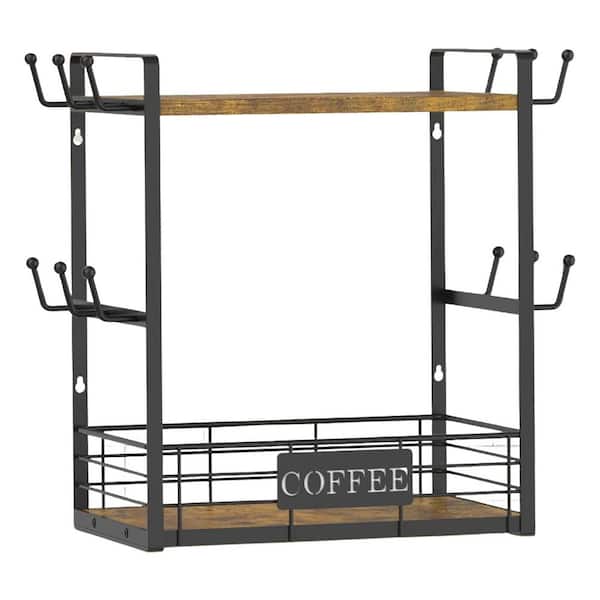 12-Hook Vintage Brown-Black Mug Tree Double Tier Coffee Stand Countertop Organizer with Shelf for Kitchen Storage
