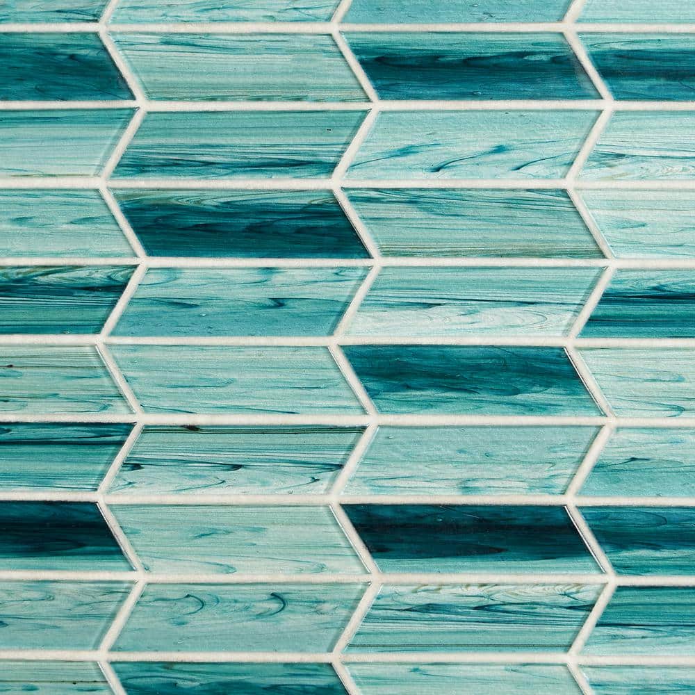 Rivulet Teal Chevron Polished Glass Mosaic Wall Tile