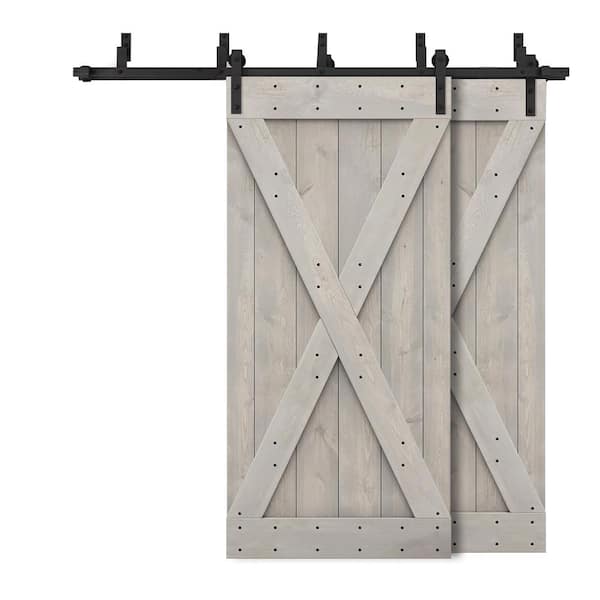 CALHOME 88 in. x 84 in. X Bypass Silver Gray Stained DIY Solid Wood Interior Double Sliding Barn Door with Hardware Kit