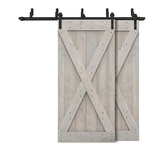 92 in. x 84 in. X Bypass Silver Gray Stained DIY Solid Wood Interior Double Sliding Barn Door with Hardware Kit