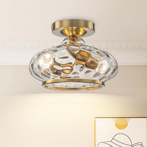 9.84 in. 2-Light Gold Mid-Century Semi-Flush Mount Ceiling Light with Textured Hammered Glass Shade