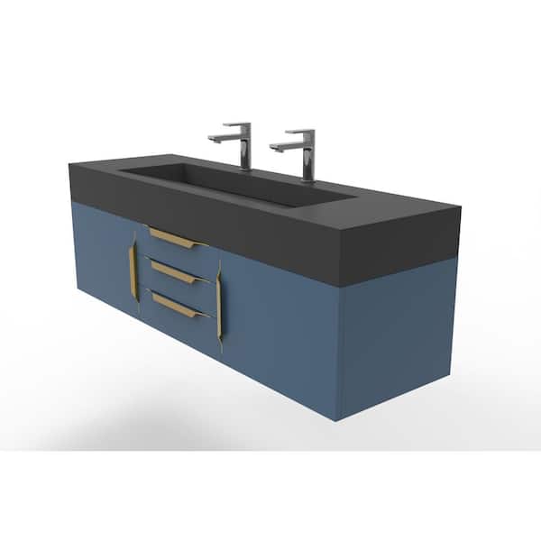 Nile 60 in. W x 19 in. D x 20 in. H Bath Vanity in Matte Blue with Gold Trim and Black Solid Surface Top