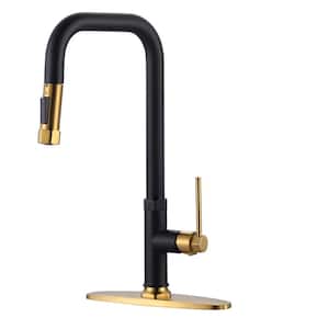 Single Handle Pull Down Sprayer Kitchen Faucet in Black and Gold