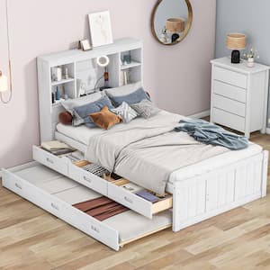 Antique White Wood Frame Twin Platform Bed with Twin Trundle, 3-Drawers, USB Charging, Storage Headboard with Shelves