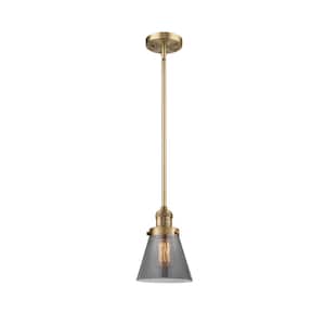 Cone 1-Light Brushed Brass Cone Pendant Light with Plated Smoke Glass Shade