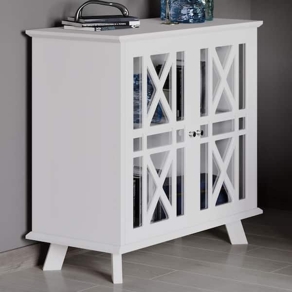 Lavish Home Buffet Cabinet with X-Pattern Doors, Entryway Table with Glass (White)
