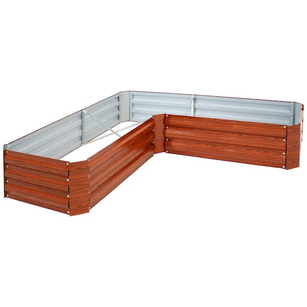 Sunnydaze Galvanized Steel L-Shaped Raised Garden Bed Woodgrain