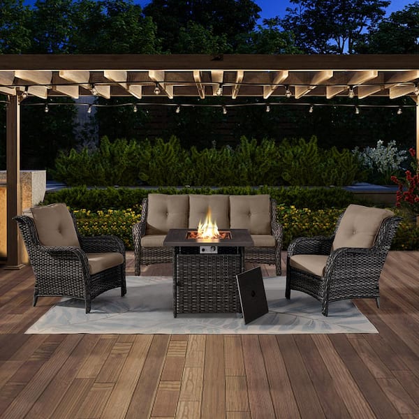 Opohoro ArcoBay 4-Piece Gray Wicker Patio Square Fire Pit Conversation Set with Gray Cushions and Sofa Set