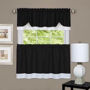 Darcy Black/White Polyester Light Filtering Rod Pocket Tier and Valance Curtain Set 58 in. W x 24 in. L