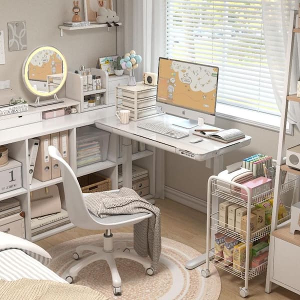 AIVE 48 in. Glossy White Electric Adjustable Standing Desk with Memory Presets and Storage Drawer