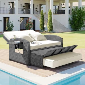 PE Wicker Outdoor Chaise Lounge with White Cushions 2-Person Reclining Daybed with Adjustable Back and Cushions