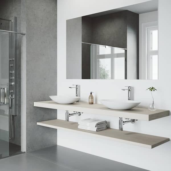 VIGO Matte Stone Wisteria Composite Oval Vessel Bathroom Sink in White with Norfolk Faucet and Pop-Up Drain in Chrome