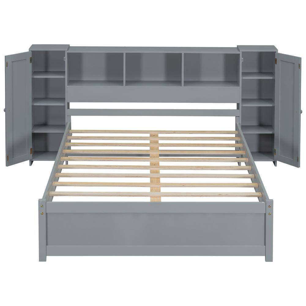 Gray Full Size Wood Platform Bed with Storage Headboard and Cabinets