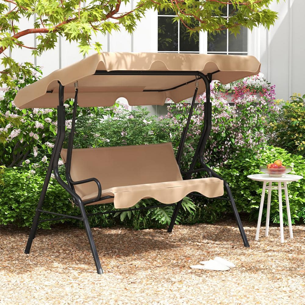 Beige Metal Frame Outdoor Patio Swing with Adjustable Canopy
