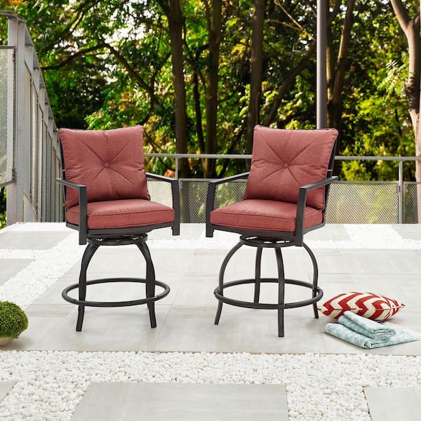 Swivel Metal Outdoor Bar Stool with Red Cushion (2-Pack)