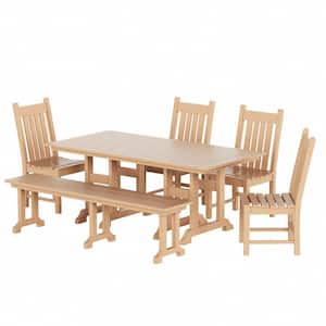 Hayes 6-Piece All Weather HDPE Plastic Rectangle Table Outdoor Patio Dining Set with Bench in Teak