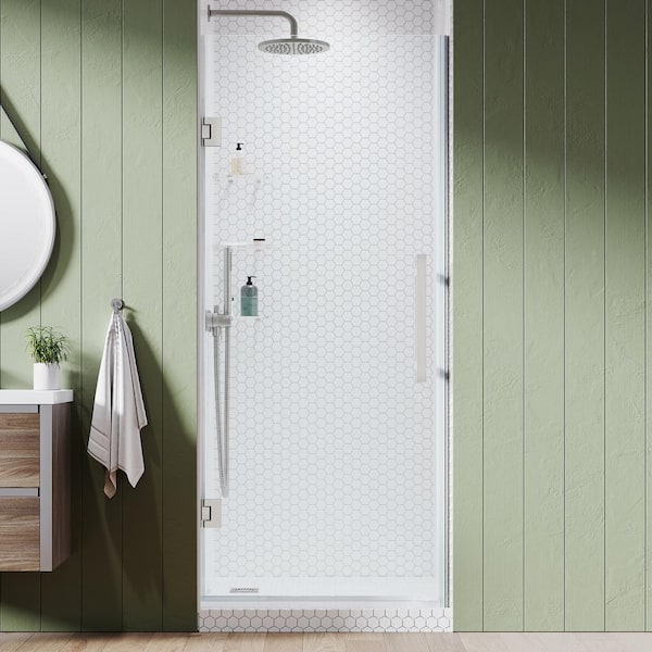 Tampa-Pro 30 11/16 in. W x 72 in. H Pivot Frameless Shower in Satin Nickel with Shelves