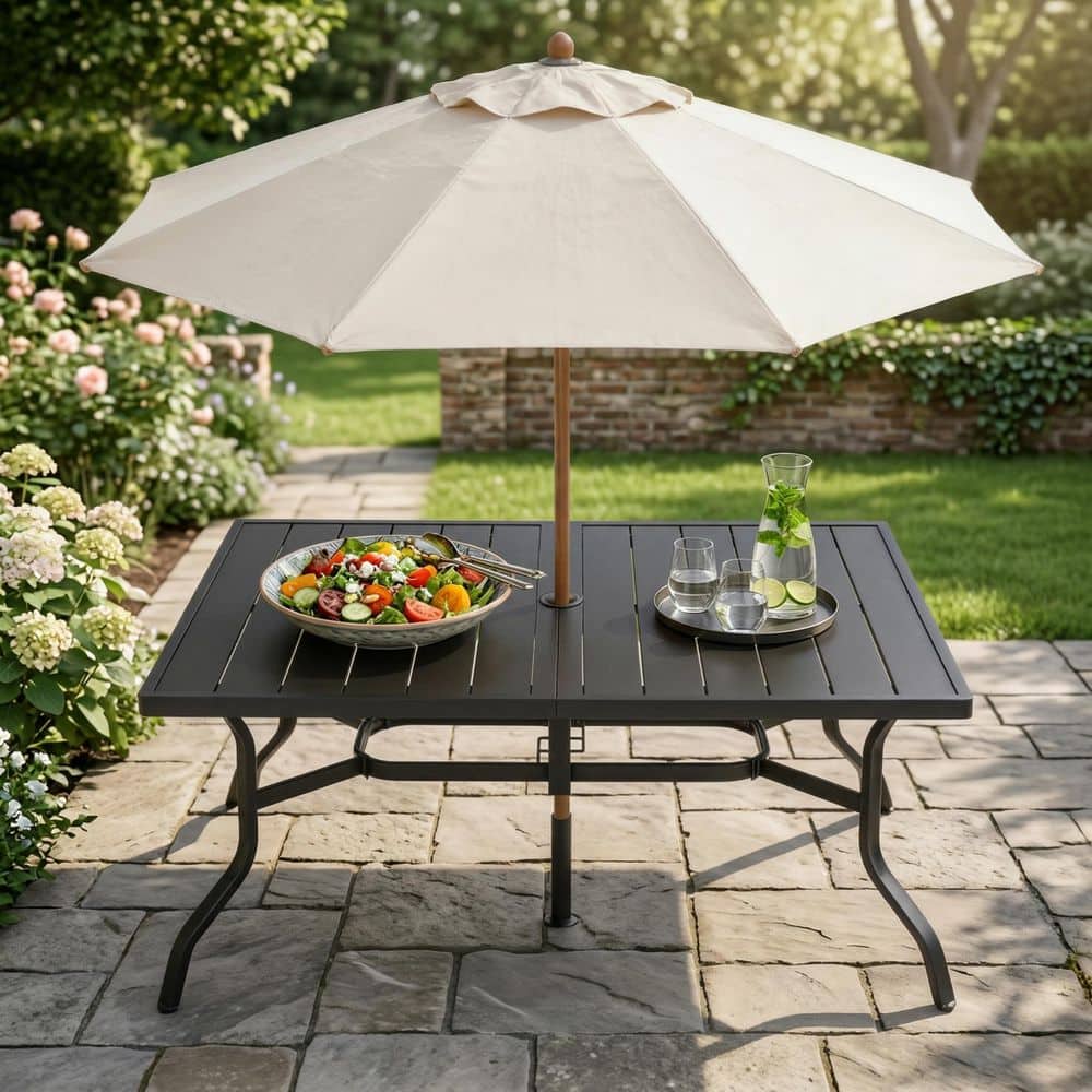 Black 57 in. All-Weather Metal Outdoor Coffee Table Patio Dining Table for 6 w/ 2 in. Umbrella Hole for Garden, Poolside price history on PriceWatchPro