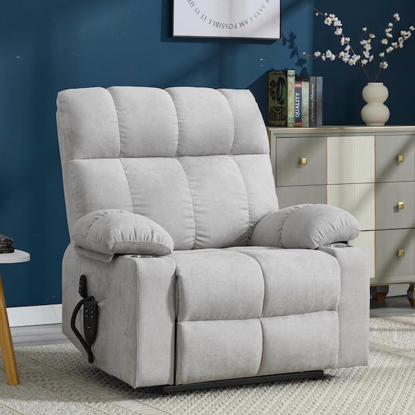 White Premium Dual Motor Chenille Power Lift Recliner with Massage and Heat, 2-Cup Holders, 350 lbs.