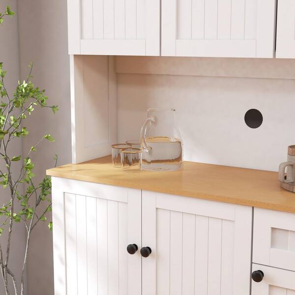 FUNKOL 39.76inx14.96inx70.86in MDF Ready to Assemble Kitchen Cabinet in White with Microwave Countertop, 6 Doors and 1 Drawer