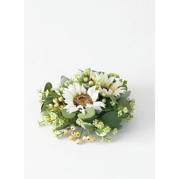 SULLIVANS 3.5 in. White Artificial Sunflower Eucalyptus Berry Half Orb