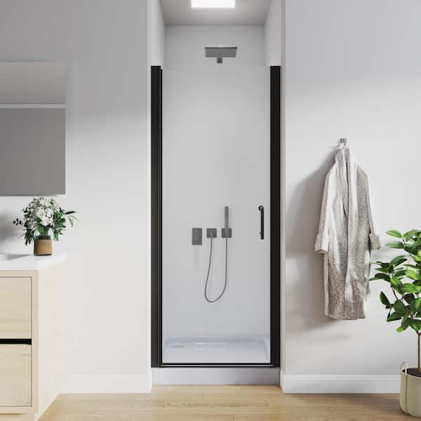 30 to 31-1/4 in. H Pivot Swing Frameless Shower Door in Black with Clear Glass