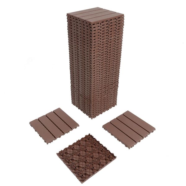 cadeninc 12 in. x 12 in. Brown Square Waterproof Plastic Interlocking Deck Tiles (Set of 44 Tiles)