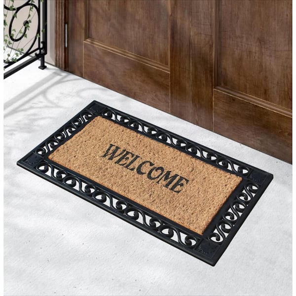 A1 Home Collections A1hc Welcome Flocked Entrance Door Mats Black/Beige 30 in. x 60 in. Rubber & Coir, Heavy Duty, Extra Large Size Doormat