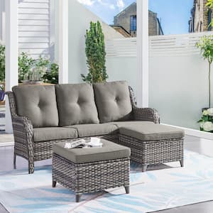 ArcoBay 3-Piece Brown Wicker Outdoor 3-Seat Sectional Couch Sofa with Gray Cushions and ottomans