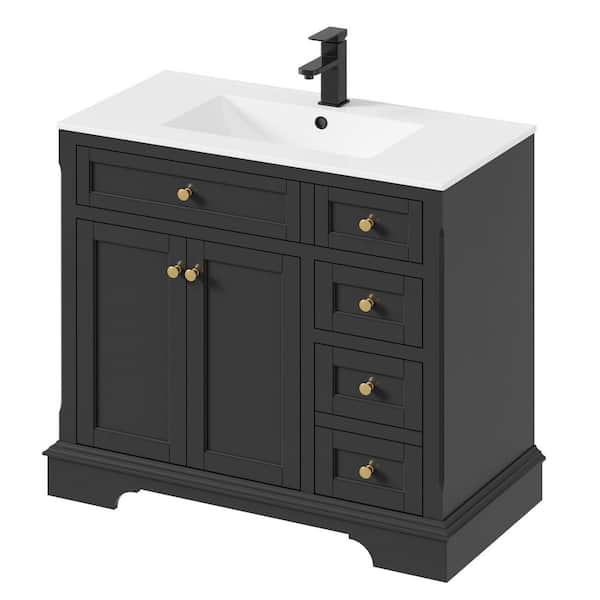 36 in. W x 18.7 in. D x 34 in. H Single Sink Freestanding Black Bath Vanity with White Resin Top and Drain Faucet Set