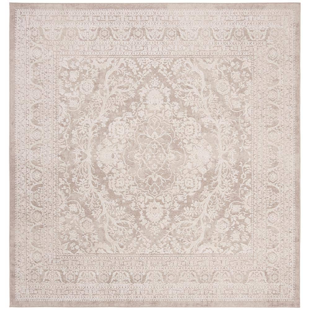 Beige Cream Floral Square Synthetic Area Rug 6'7"