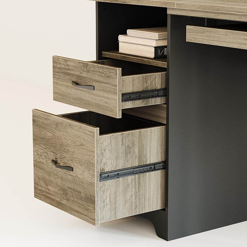 Gray L-Shaped Wood Gaming Desk with Drawers and Keyboard Tray