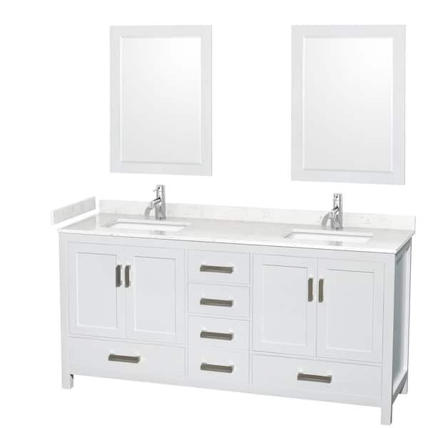 Wyndham Collection Sheffield 72 in. W x 22 in. D x 35 in. H Double Bath Vanity in White with Carrara Cultured Marble Top and 24" Mirrors