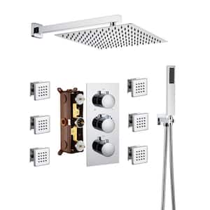 Luxury 3-Spray Patterns Thermostatic 12 in. Wall Mount Rainfall Dual Shower Heads with 6-Jet in Chrome