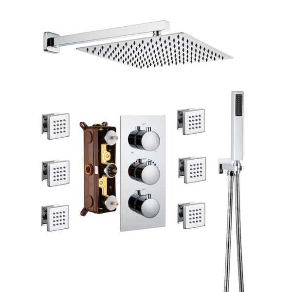 Mondawe Luxury 3-Spray Patterns Thermostatic 12 in. Wall Mount Rainfall Dual Shower Heads with 6-Jet in Chrome