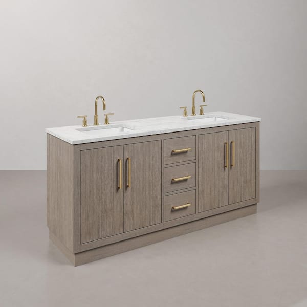 Hugo 72 in. W x 22 in. D Bath Vanity in Grey Oak with Marble Vanity Top in White with White Basin and Gooseneck Faucet