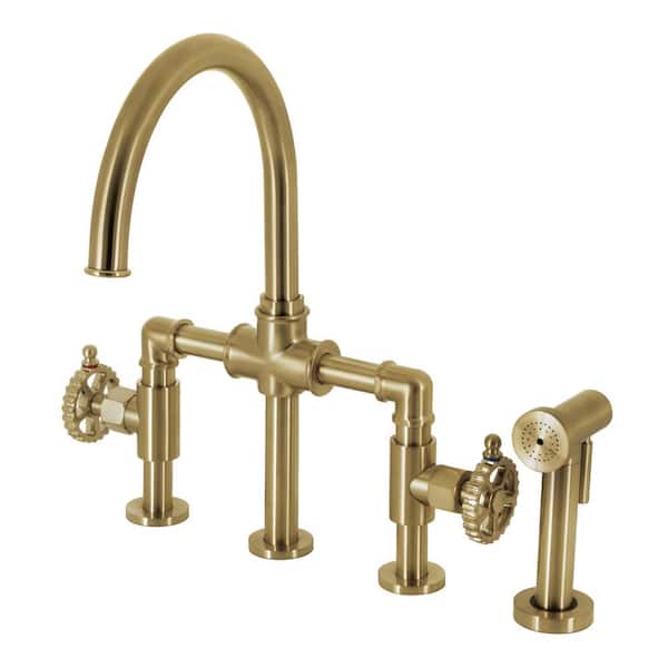 Kingston Brass Fuller Double-Handle Deck Mount Gooseneck Bridge Kitchen Faucet with Brass Sprayer in Brushed Brass