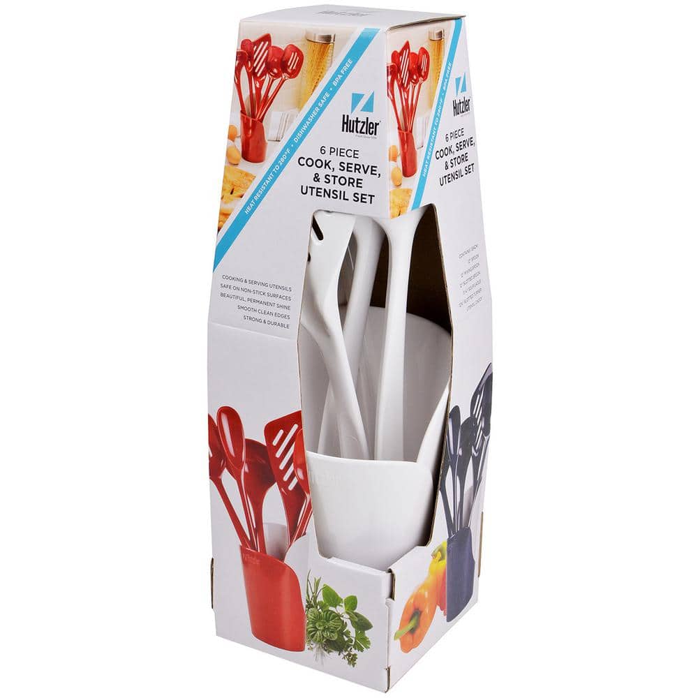 White Melamine Non-Stick Cooking Utensils Set with Crock, 6-Piece