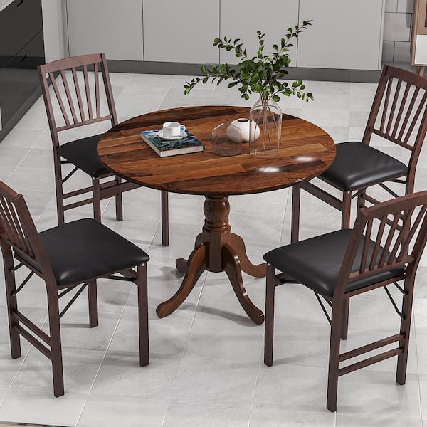 Walnut Rubber Wood 39 in. Curved Trestle Legs Rustic Wooden Dining Table with Round Tabletop (Seats 4)