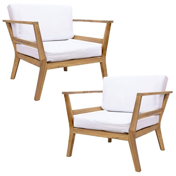 Bodie Acacia Wood Patio Armchair with Bone Cushions-Set of 2