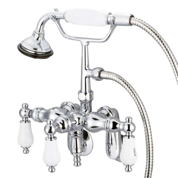 Water Creation 3-Handle Claw Foot Tub Faucet with Labeled Porcelain Lever Handles and Hand Shower in Triple Plated Chrome