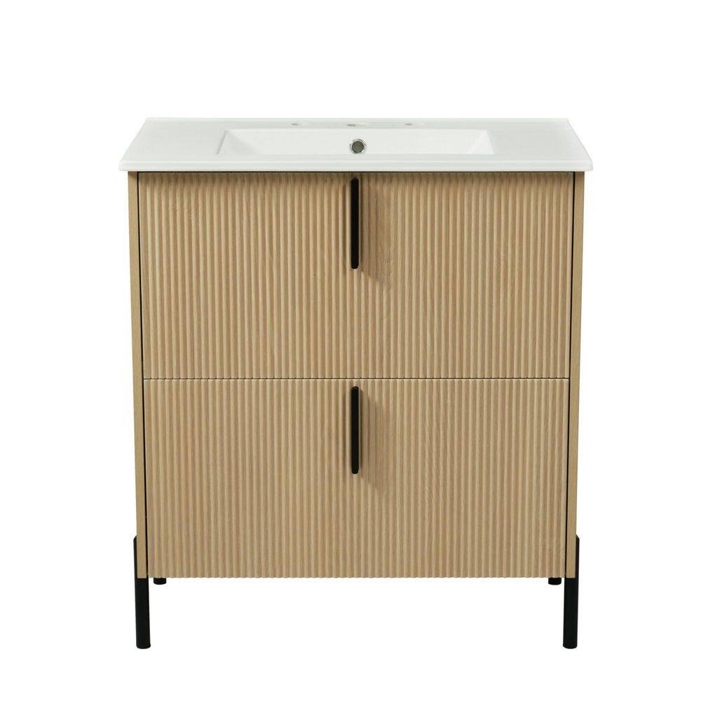 30 in. Single Sink Freestanding Natural Bath Vanity with White Ceramic Top and 2 Drawers Cabinet Unassembled price history on PriceWatchPro