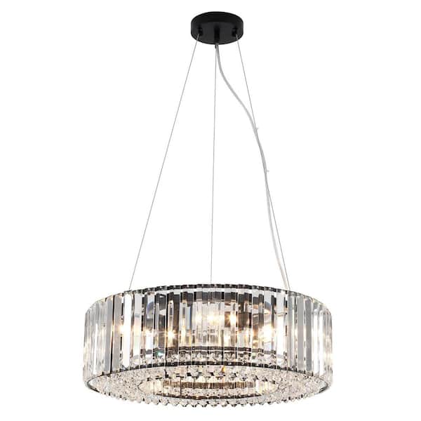19. 69in. 6-Light Matte Black Drum Chandelier with Crystal Shade and No Bulbs Included For Kitchen Island Dinning Room
