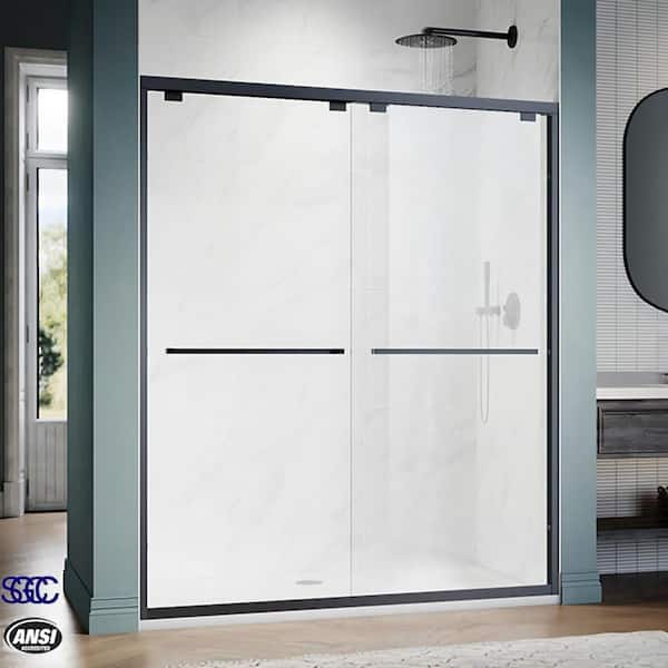 TOOLKISS 56 to 60 in. W x 76 in. H Sliding Framed Shower Door in Black Finish with Clear Glass